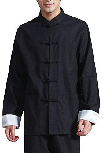 Homme Veste De Tang Chinois Vêtement Tai Chi Kung-Fu Chemise en Coton De Chanvre + Pantalon Noir L