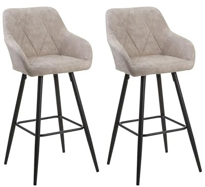 Beliani Lot 2 Tabourets Chaises de Bar Tapissés en Tissu Beige avec Pieds Noirs Design Tendance pour Cuisine ou Salle à Manger Rétro Glamour
