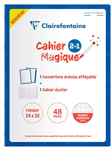 Clairefontaine 66311C - Heft / Cahier Magique, doppelseitiger und abwaschbarer Schiefereinband 24x32 cm, 24 Blatt, französische Lineatur, Blau, 1 Stück