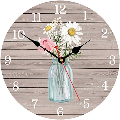 Toudorp Küche Wanduhr 8 Zoll Batteriebetrieben Retro Hölzerne Wanduhr Klassisch Blumen in Glasflasche Muster Kunst Dekor Wanduhr für Haus Dekoration