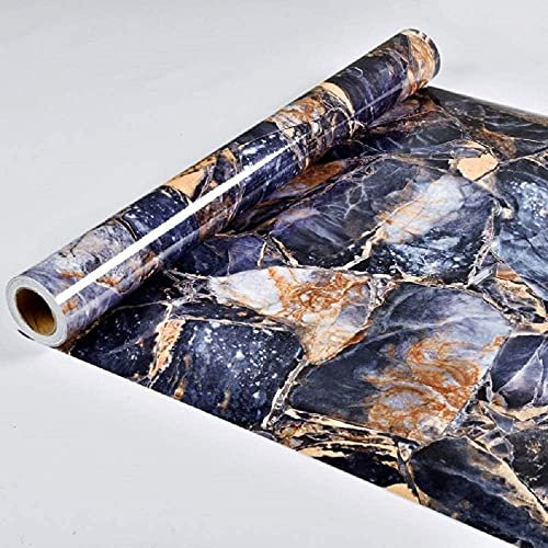 Papier peint autocollant marbré bleu foncé/doré effet granit pailleté autocollant en plastique pour meubles, revêtement d'étagère, mur de porte, décoration 45 cmx5 m