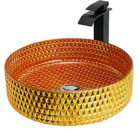 DRSM Lavabo Vasque en Verre Trempé, Cristal Vasque à Poser en Verre Trempé Ronde Lavabo Lave Mains, Lavabo Vasque a Poser,avec Ensemble De Drainage,A