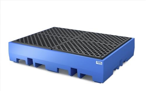 Denios Auffangwanne aus Kunststoff | mit Gitterrost aus Kunststoff | blau | BxHxT 1720 x 350 x 1300 mm | Volumen 440 Liter | 4 Fässer | Arbeitssicherheit Notfall-Umweltschutz-Produkte säurefest