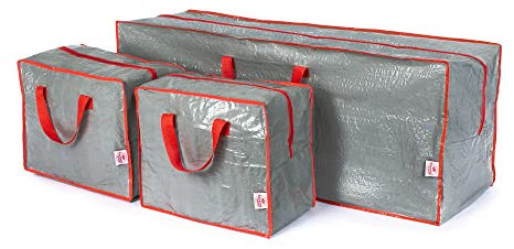 Christmas Village Tree Storage Bag and 2 Decoration Bags - Stores a Xmas Tree, Lights and Decorations Stores Ribbon Tinsel Wreath Stocking Lights Bow Tags, Gift Wrap Paper Tidy (Grey)