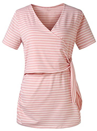FEESHOW Robe d'allaitement Femme Enceinte Chemise de Nuit Grossesse Pyjama Grande Taille Chemise Taille Elastique Maternité Nuisette Peignoir De Bain Rose D S