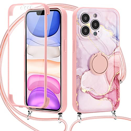 ZhuoFan Handykette Hülle für Apple iPhone 11 6,1, Full Body Case mit 360 Grad Ring Ständermit mit Kordel zum Umhängen mit Integriertem Displayschutz Silikon Stoßfest Schutzhülle, Marmor 04