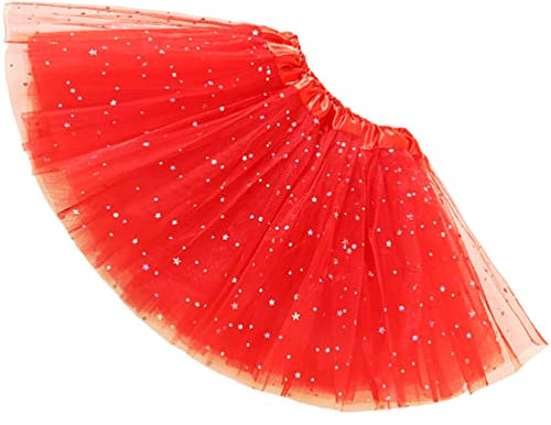Ugitopi Damen Erwachsene Glitzernder Elastischer 4-lagiger Tüll Tutu Rock (Red)