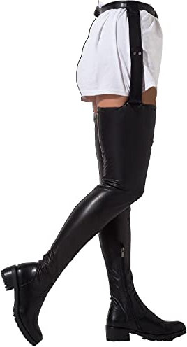 Stivali alti alla coscia neri elasticizzati sexy unisex-adulti Moda cerniera punta tonda Tacco basso grosso in pelle PU Stivali alti sopra il ginocchio con cintura regolabile liberamente,Nero,38