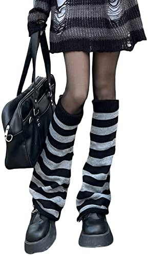 shownicer Japanische Beinstulpen Damen Teenager Mädchen Gothic Strick Lange Socken Kawaii Häkeln Beinwärmer 80er Harajuku Gestrickte Warme Oberschenkel hohe Socken B Grau Einheitsgröße