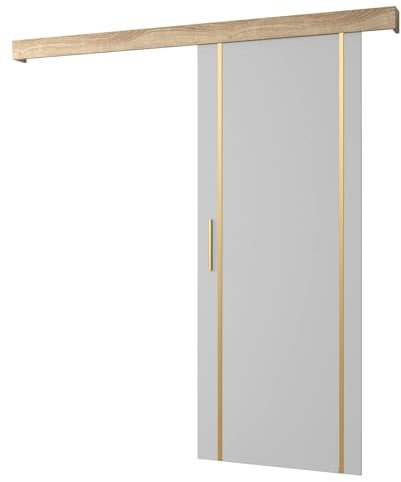 KRYSPOL Schiebetürsystem Salwador 9 Komplett-Set für Schiebetüren, Trennwände Innentüren, Modern Design (weiß matt/Gitter: Sonoma Eiche/Griff und Streife: Gold)