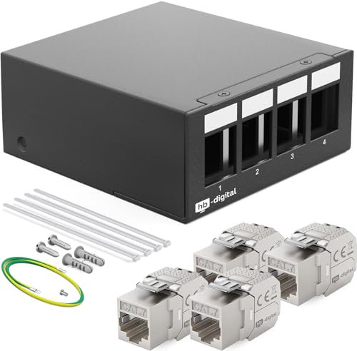 HB-DIGITAL 4-Port Patchpanel Patchfeld Verteilerfeld 1 HE 4x CAT 7 RJ45 Keystone Jack Modul vollgeschirmt STP 10 Gbps Kompatibel mit Verlegekabel Netzwerkkabel Ethernet LAN - Schwarz