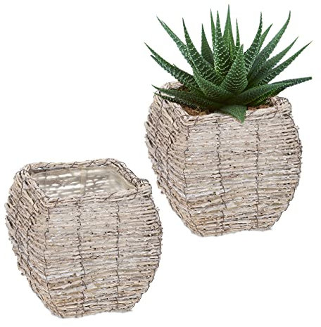 Relaxdays Pots de Fleurs, lot 2, rotin, Cache-Pots avec Film, HxLxP: 20 x 20 x 20 cm, bacs pour intérieur, Blanc-Nature