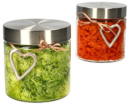 MamboCat 2er Set Bera Vorratsglas mit Edelstahldeckel Silber mit Band & Metall-Herz I rund I 0.8L I Ø 11 cm I Vorratsglas für Kaffee, Tee, Mehl, Reis, Nudeln & Co I Aufbewahrung-Box I Geschenk-Idee