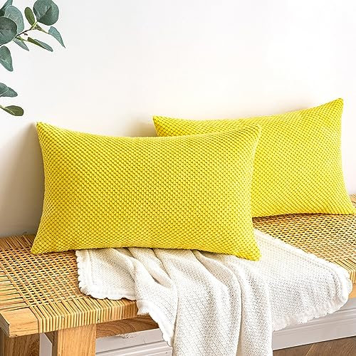 EMEMA Kordsamt Kissenbezug Herbst Dekorative Granulat Sofakissen Dekokissen Kissenbezüge Kissenhülle Couchkissen Überwurf Kissen Zierkissen für Couch Sofa Wohnzimmer 2er Set 30x50 cm Zitronengelb