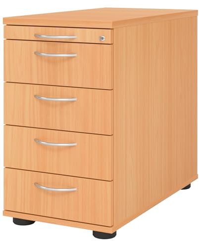 bümö Schreibtisch Schrank abschließbar, Schubladenschrank Holz in Buche, Container mit Schubladen - Schubladen Schrank Büro, Schreibtisch Container od. Schreibtisch Kommode mit Bogengriffe