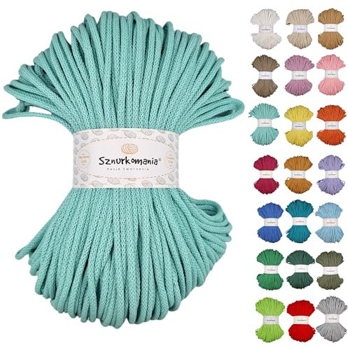 Sznurkomania - Cordón de Algodón Trenzado 5 mm, 100 m, 46 Colores, de Ganchillo y Macramé, Hilo Premium, Cuerda (Verde Claro)