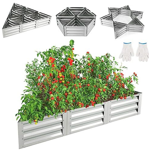 COSTWAY Galvanized Steel Raised Garden Bed, 6 PCS Triangular Elevated Planter Box Kit with Open Bottom and Gloves, Outdoor Vegetable Fruit Flower Herb Growing Box, 150 x 150 x 30cm