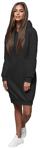 OZONEE Damen Hoodie Kapuzenpullover Lang Sweatjacke Sweatkleid Winterkleid Herbstkleid Kleid Sweatshirt Sweatshirtkleid Kapuzenjacke Kapuzenpulli Kapuze Langarm Sport 777/3127B/3 SCHWARZ L