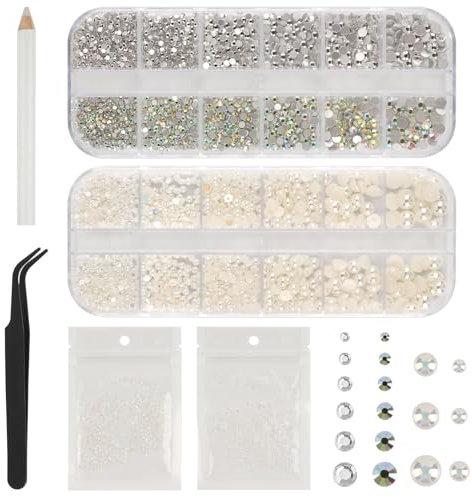 5820 Stück Strasssteine Nägel, Glitzersteine Nägel und Halbrunde Perlen, AB Kristall Rhinestones, Flatback Nagel Steine mit Pinzette und Stift für Nagel/DIY (Mehrere Größen und Farben)
