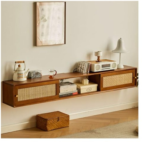 Hängend TV Board Schwebender TV-Ständer aus Holz mit Schränken, Ausstellungsregalen und Schiebetüren, 47,2''/59''/70,8'' wandmontiertes Entertainment-Center, moderne Medienkonsole for unter dem Fernse