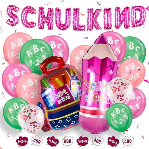 einschulung schulanfang deko Mädchen rosa Grün SCHULKIND ballon+Schuleinführung Luftballon mit ABC 123+Pencil Schultüte Folienballons