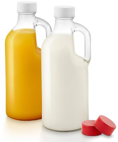 Stock Your Home 40 oz Glass Milk Bottle with Lid and Handle (2 Pack), 4 Reusable Caps, Milk Container for Refrigerator, Glass Juice Bottles, Water, Almond Cow Milk Storage Bottle, Glass Milk Jug