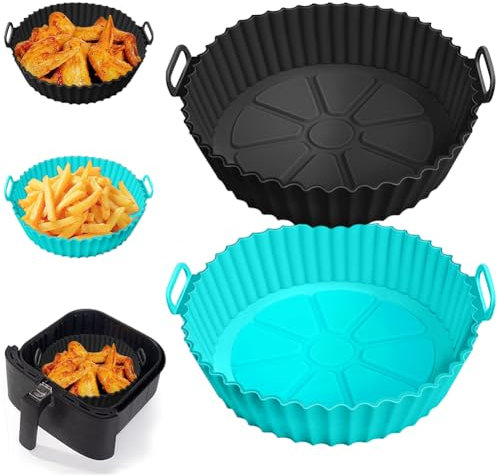 Paquete de 2 forros de silicona para freidora de aire, reutilizables, para freidora de aire de 3 a 5 cuartos de galón, azul y negro