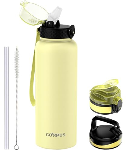 GOPPUS 1.2L/40oz Stainless Water Bottle with Straw Double Wall Insulated Bottles with Strap Large Vacuum Thermal Flask Leakproof Keep Cold Drinks Bottles with Flip Top Lid for Men Women BPA Free