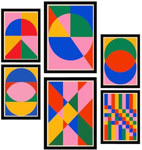 Nacnic-Set mit 6 Dekorative Malerei Geometrisches Bauhaus voller Farbe Gerahmtes Poster mit Design-Illustrationen zur Dekoration der Wände A3 & A4 Schwarzer Rahmen