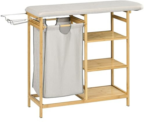 HOMCOM Cesto de ropa sucia 57,4 L Cesto de ropa sucia con tabla de planchar y plancha, caja de ropa sucia con estante de 3 niveles, bolsa extensible y extraíble, para cuartos de baño, bambú,