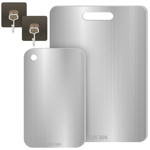 OCCOUMR Titanium Chopping Board, Stainless Steel, Double-Sided, 39 x 28 cm + 25 x 15 cm, Silver, Solid, for Meat, Fruit