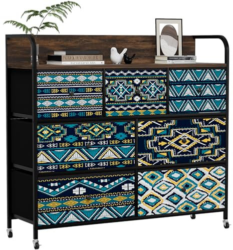 COMHOMA Chest of Drawers, Bedroom Drawers with 7 Drawers, Flower Printing Fabric Dresser Cabinet with Wood Top and Large Storage Space Closet Storage Drawer for Entryway Living Room (Bohemian)