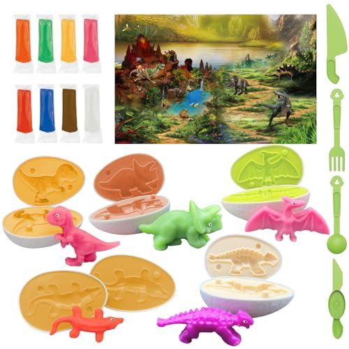 TZQFROCE Knete Zubehör Dinosaurier Knetwerkzeug Set für Kinder ab 2 3 4 5 Jahre Dinosaurier DIY Knetwerkzeug Dino Spielzeug mit Bunt Modelliermasse für Kinder Jungen Mädchen