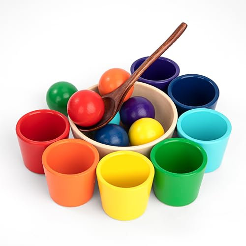 Activités de Comptage, Correspondance Coloré, Jouet Empilable en Bois, Jeu de Tri Montessori, Jeu de Puzzle Sensoriel Jouets de Tri des Couleurs pour Tout-Petits, Balles Arc-en-Ciel dans des Tasses
