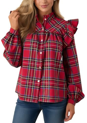 Karierte Hemden für Damen, Rüschen, Button-Down-Shirt, Puff, lange Ärmel, Blusen, Kragen, lässiges Oberteil