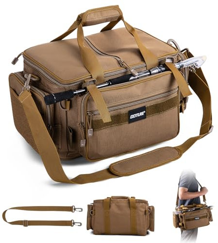 Goture Angeltasche, weiche Seite, wasserabweisend, Umhängetasche, Verstellbarer Angelrutengurt, Angelrucksack Mit gepolsterten Schultergurten und rutschfestem Boden Khaki