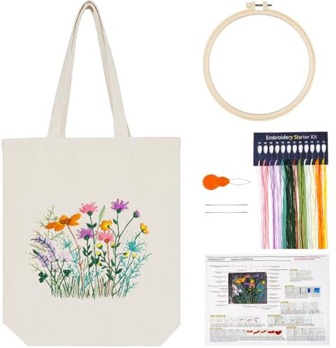 Stickset für Leinen-Tragetaschen, Stickset Tragetasche mit Blumenmuster für Anfänger, weiße Tote Bag Sticken Set mit Anleitung Farbfäden Stickrahmen und Werkzeug, Sticken Set Erwachsene für Handwerk