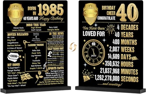 Benjia 40th Birthday Table Sign with Stand Happy 40 Years Old Birthday Signs Holder Table Display Born in 1985 UK Acrylic Poster Bday Gift Party Supply Home Decor For Men Women 20x25 cm Black Gold