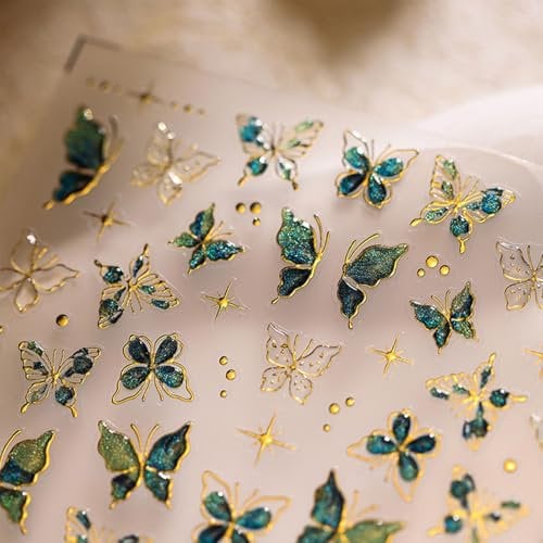 JMEOWIO 3D Embossed Green Gold Butterfly Nail Art Stickers Decals Self-Adhesive 5D Nail Supplies Nail Art Design Decoration Accessories 1 Sheets