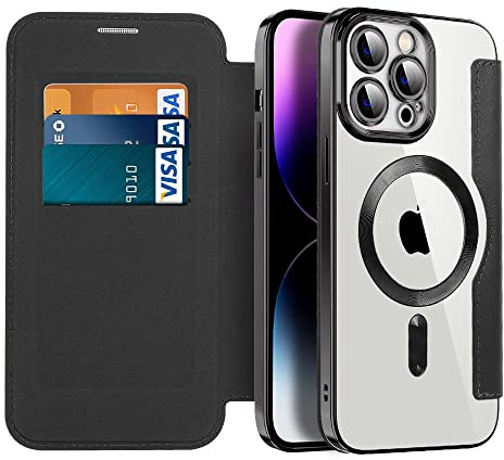 IMIRST Case for iPhone 14 Pro Max Compatible with MagSafe, WD Black | 3 Card Holder,RFID Blocking,Premium Leather Folio Flip Wallet Cover,Magnetic Clear Shockproof TPU,for Women Men
