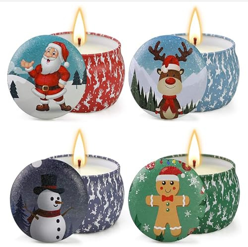4er Set Weihnachtskerzen in Metalldose Ø 8 cm - Duftkerzen | Mit weihnachtlichen Motiven 4 Düfte - Kleine Kerzen in Metalldose für Weihnachten