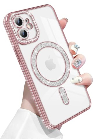 Newseego for iPhone 12 Case Magnetic Glitter Clear, Pink | Compatible with MagSafe, Bling Diamonds, for Girls Women, Soft TPU, Slim Fit, Shockproof Cover, Full Camera Protection