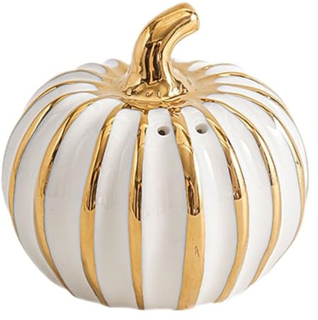 Juego de salero y pimentero de calabaza, 7,6 cm, cerámica, blanco y dorado, diseño de cosecha de otoño, decoración de mesa para Halloween, día de Acción de Gracias (redondo-1 unidad)