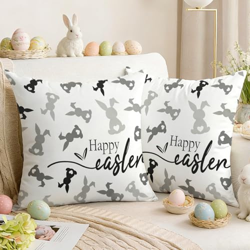 Luzzxfa 2er Set Ostern Kissenbezug 50x50 cm Grau Kaninchen Osterdeko Kissenbezüge Kissenhülle Sofakissen Dekokissenbezug Couchkissen Weich für Sofa Schlafzimmer Wohnzimmer Outdoor Garten