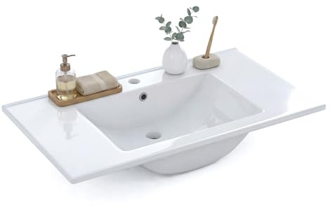 duehome | Lavabo Cerámico Color Blanco, Pila Lavamanos Rectangular, Modelo Volga, Medidas: 81,5 cm (Ancho) x 13 cm (Alto) x 46 cm (Fondo)