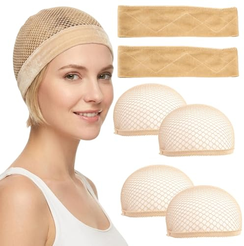 Perückenband Rutschfest mit Wig Cap, 6 Stück Haarnetz für Perücken, Mesh Cap Perücken Zubehör für Damen, Elastisches Wig Grip Band für Cosplay und Alltag, Hautfarben Samt und Elasthan
