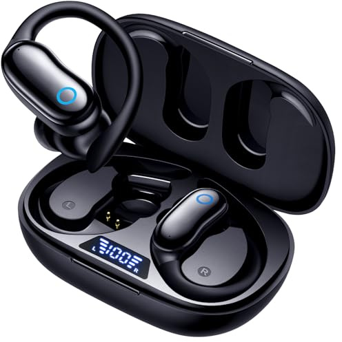 Wireless Earbuds 96H Playtime, Bluetooth Headphones with Earhooks, LED Display Case, Deep Bass, IPX7 Waterproof, Over-Ear Sports Earphones with Mic for Running Workout Gym Black