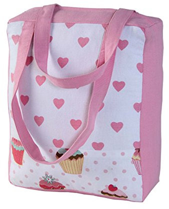 HOMESCAPES Pink White Cotton Large Designer Tote Bag with Zipper & Internal Pockets Pink Hearts & Cup Cakes Design Shopping or Shoulder Bag 27 x 32 x 11 cm