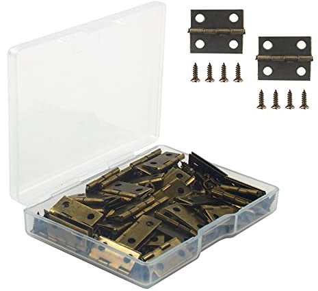 VIPMOON 50 Pcs Small Hinges, Antique Bronze Tiny Hinges, Mini Hinge Sets with 200 Pieces Replacement Screws, with Plastic Contain Box