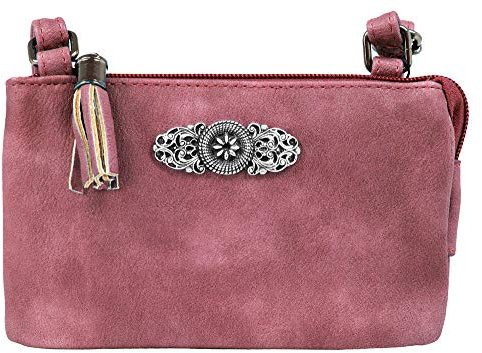 Trachtenland Damen Trachten Handtasche Sofia – Dirndl Umhängetasche aus Lederimitat mit Applikation & Troddel in Pastellfarben oder Schwarz (Beere, ca. 18 x 12 x 8 cm)